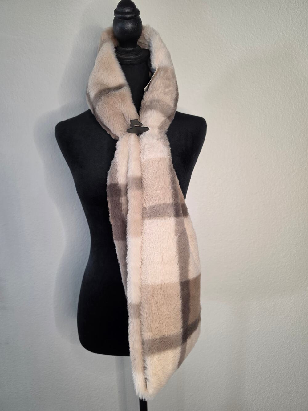 Plush Faux Fur Plaid Infinity Scarf Neutral Beige & Cream Plaid Neck Warmer